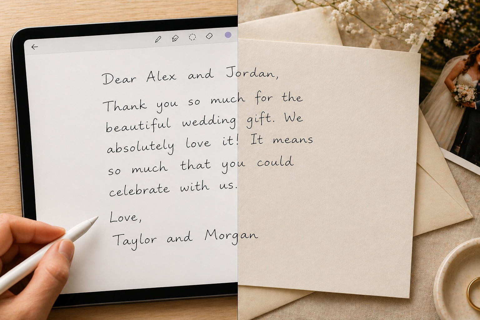 Side-by-side comparison: handwritten letter with pen and paper vs. digital handwriting on a tablet
