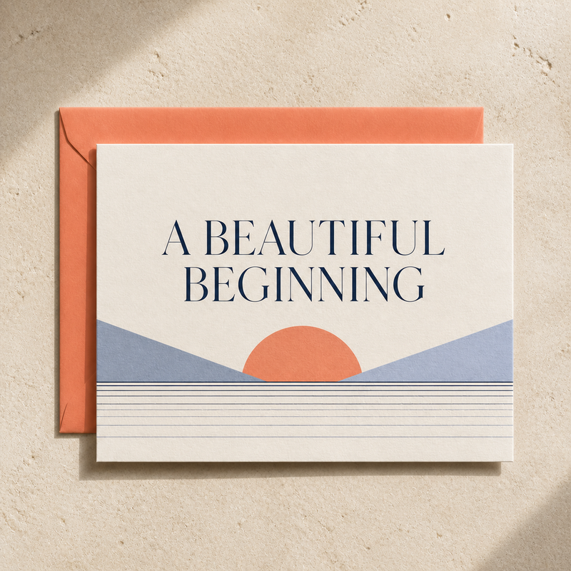 A Beautiful Beginning wedding & engagement card styled with a coral envelope