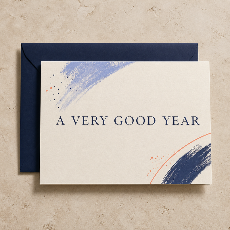 A Very Good Year birthday card styled with a navy envelope