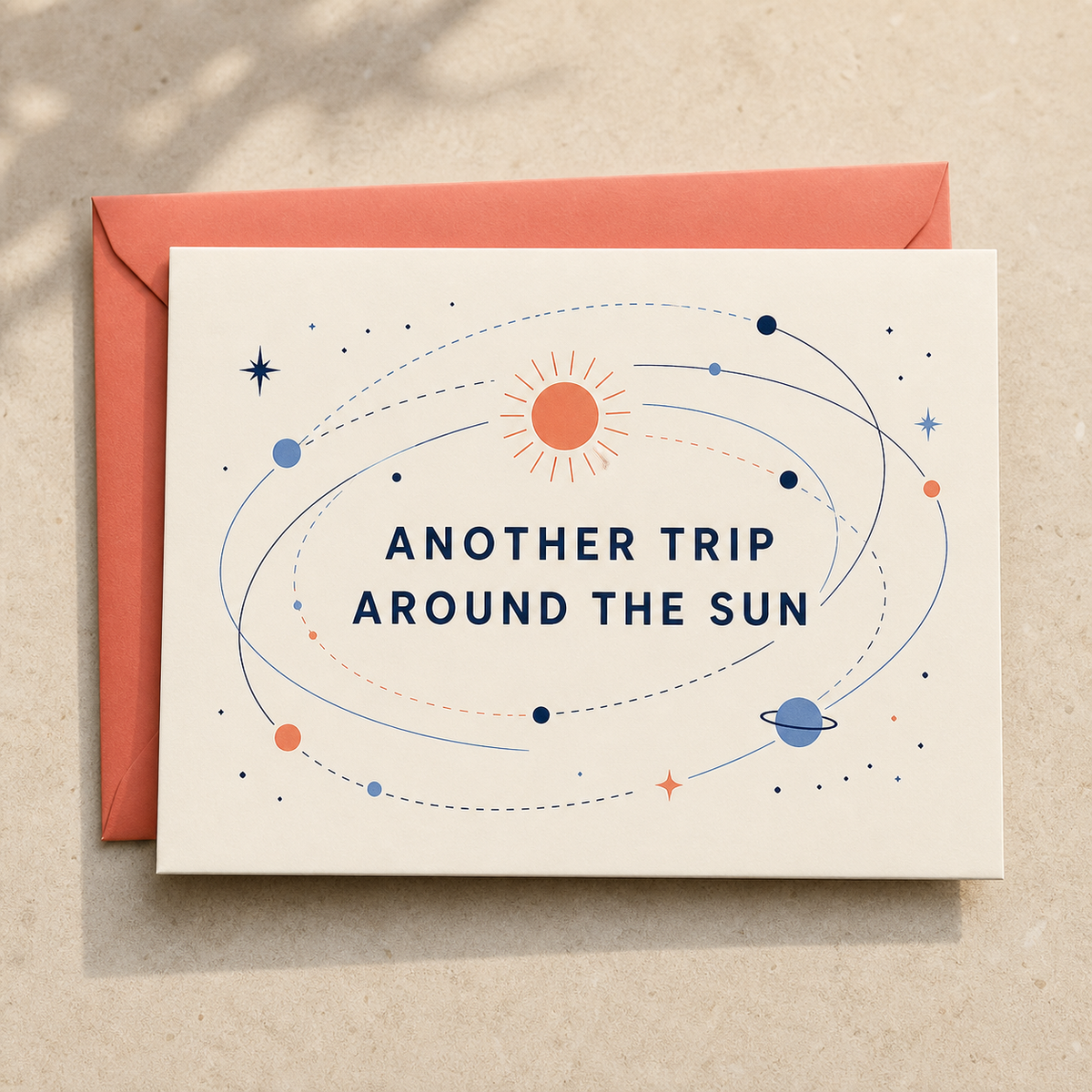 Another Trip Around the Sun birthday card styled with a coral envelope