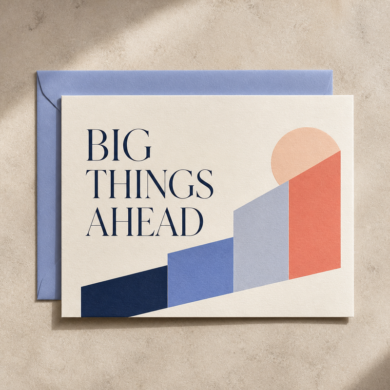 Big Things Ahead congratulations card styled with a periwinkle envelope