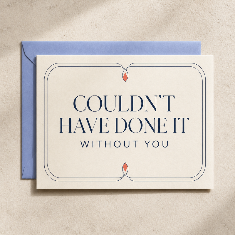 Couldn’t Have Done It Without You thank you card styled with a periwinkle envelope