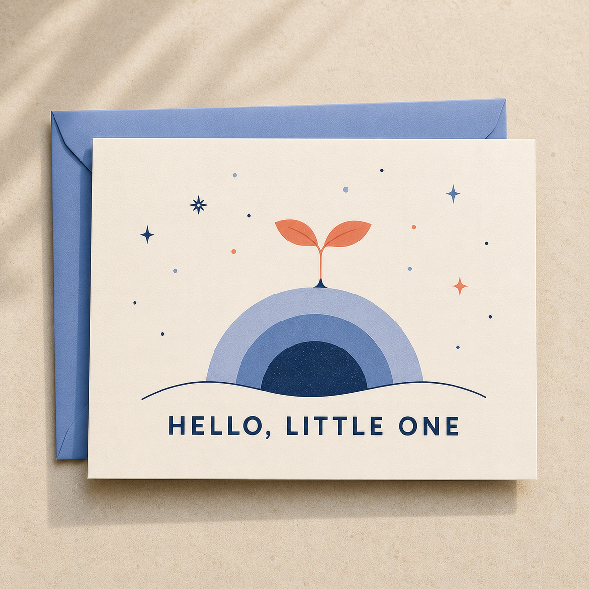 Hello, Little One new baby card styled with a periwinkle envelope