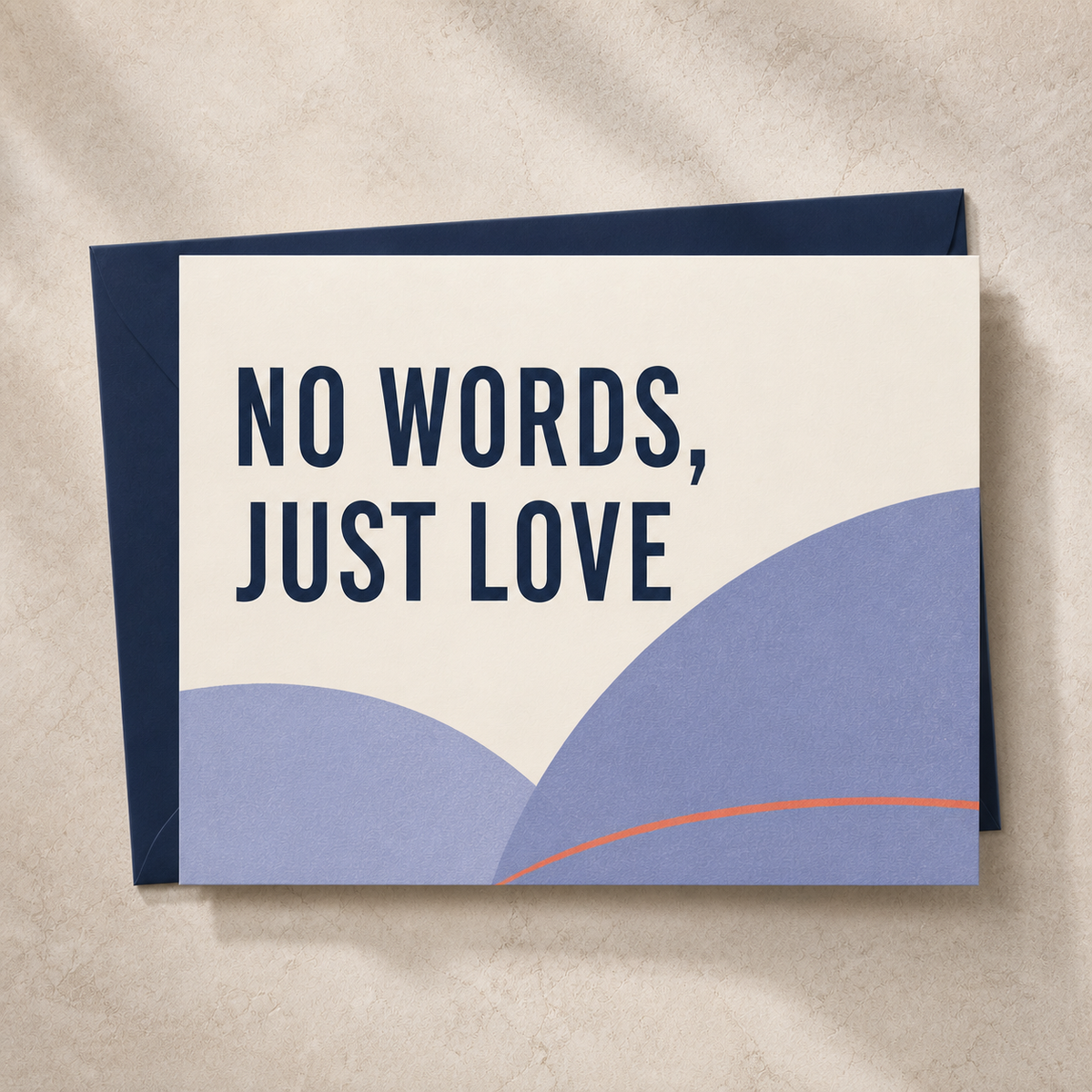 No Words, Just Love sympathy card styled with a navy envelope