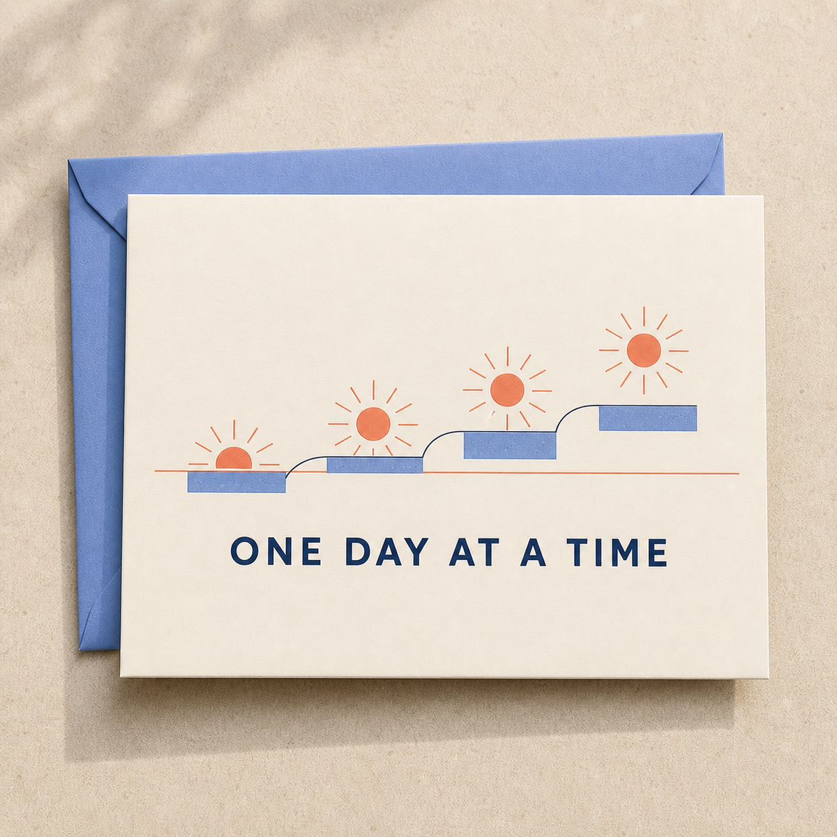 One Day at a Time encouragement card styled with a periwinkle envelope