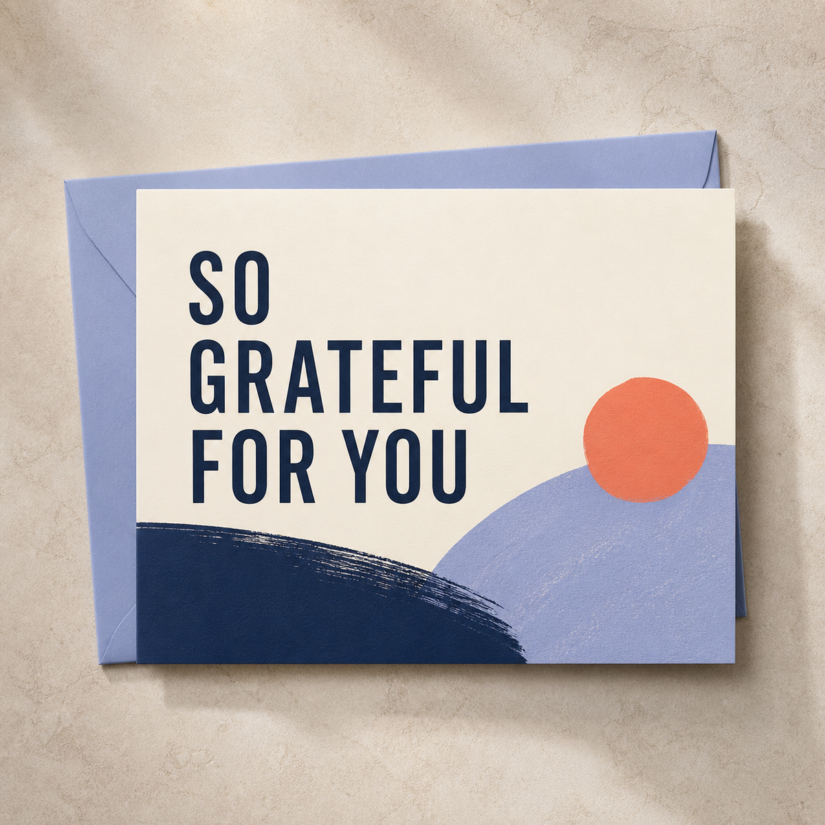 So Grateful for You thank-you card styled with a periwinkle envelope