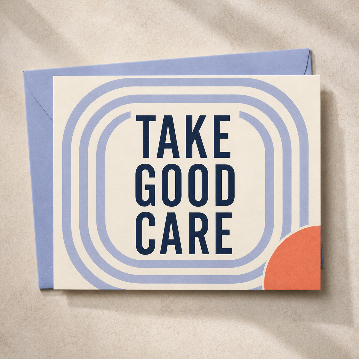 Take Good Care get well card styled with a periwinkle envelope