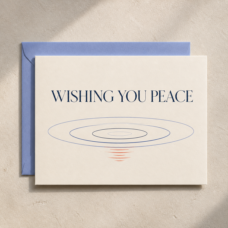Wishing You Peace sympathy card styled with a periwinkle envelope