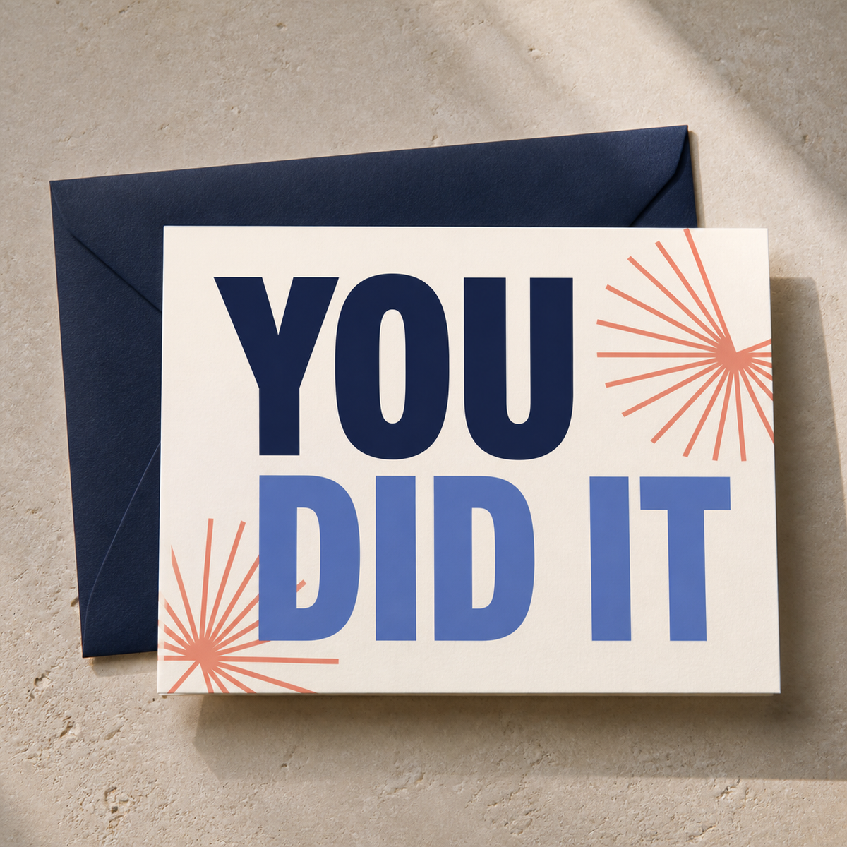 You Did It congratulations card styled with a navy envelope