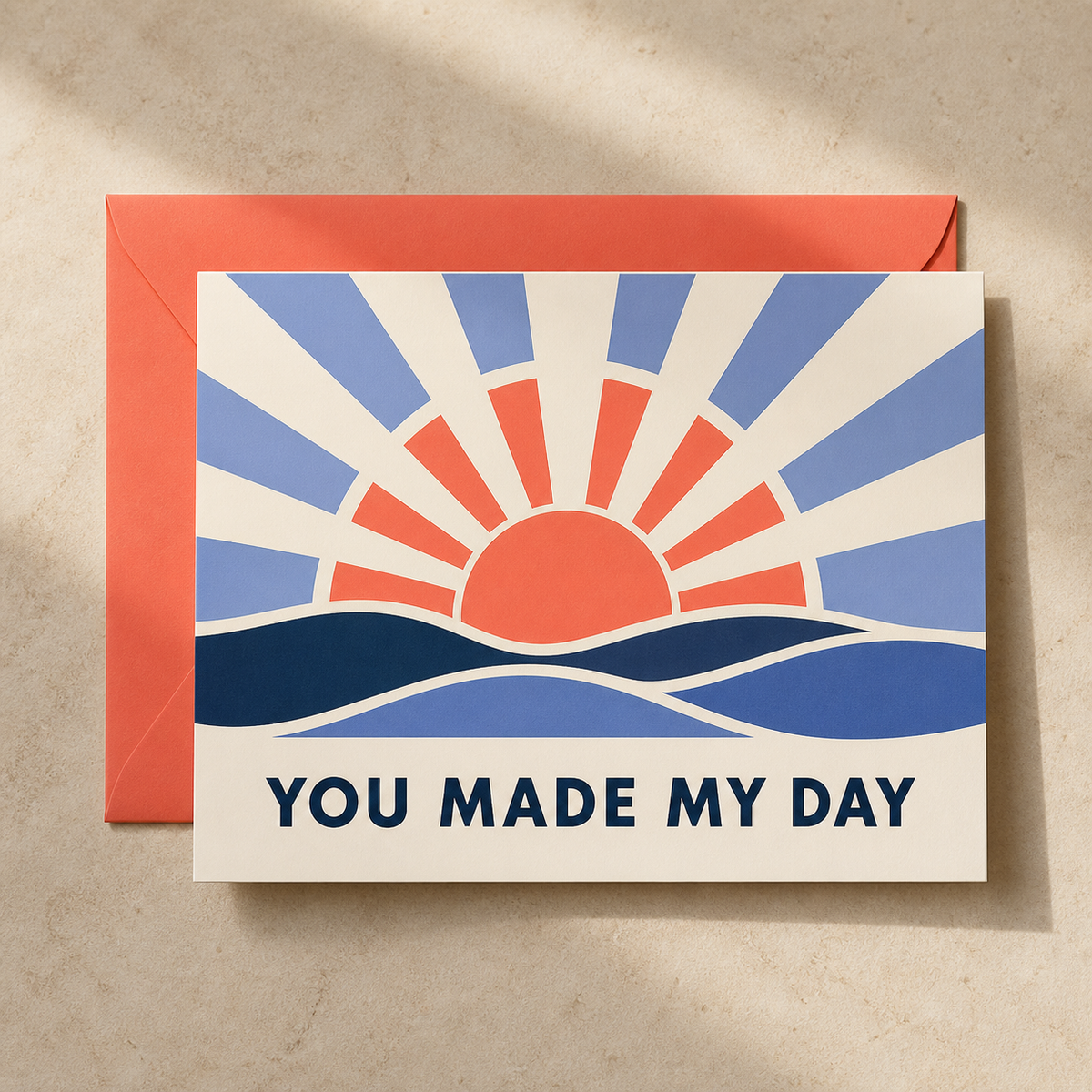 You Made My Day thank-you card styled with a coral envelope