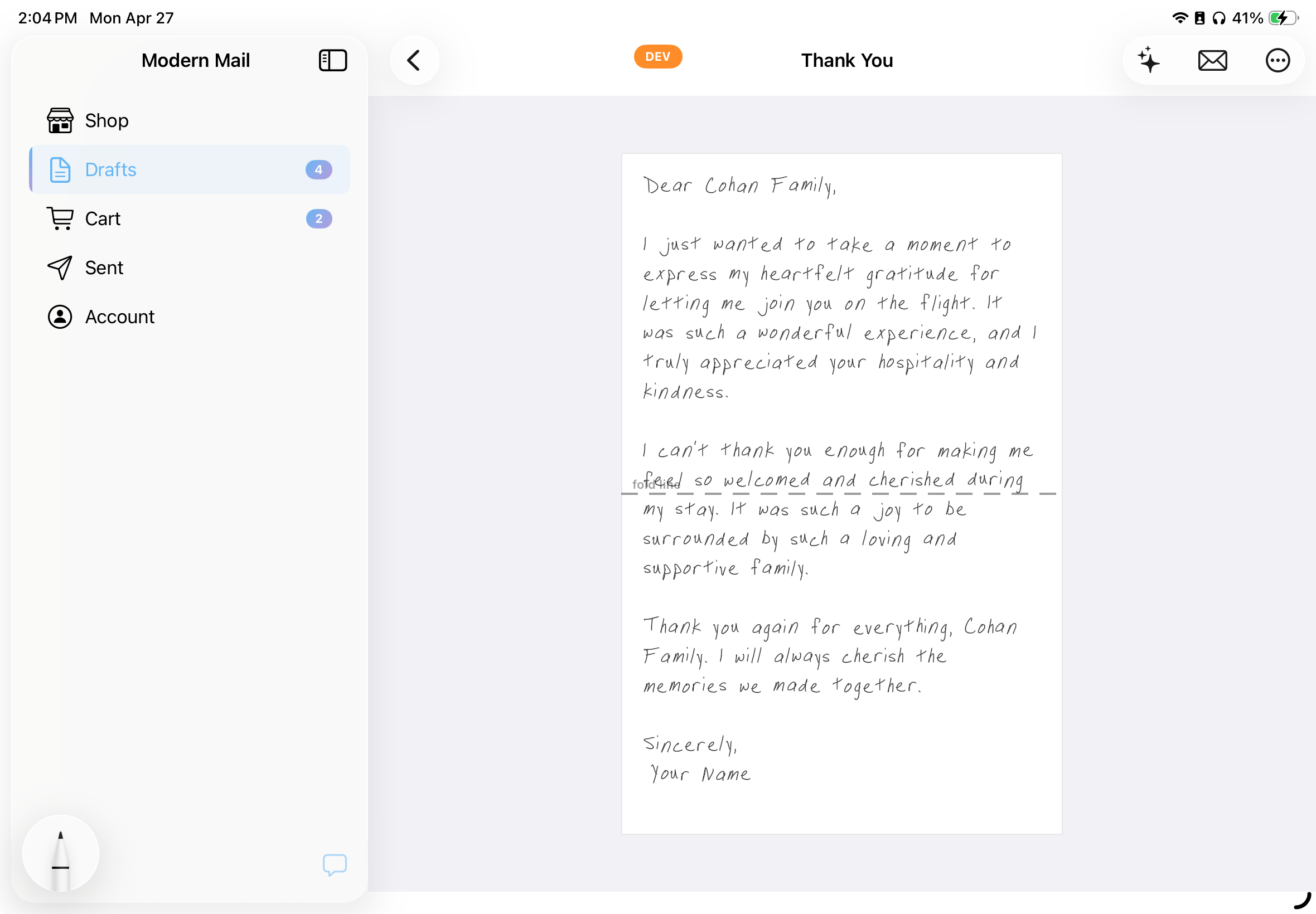 A handwritten letter from Modern Mail on quality paper