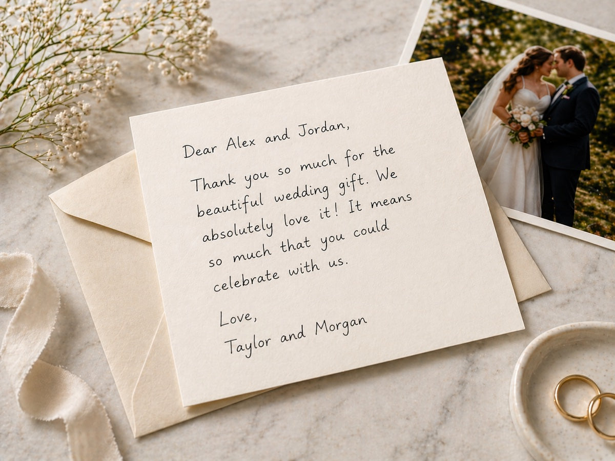 The finished thank-you card on a marble counter beside a wedding photo