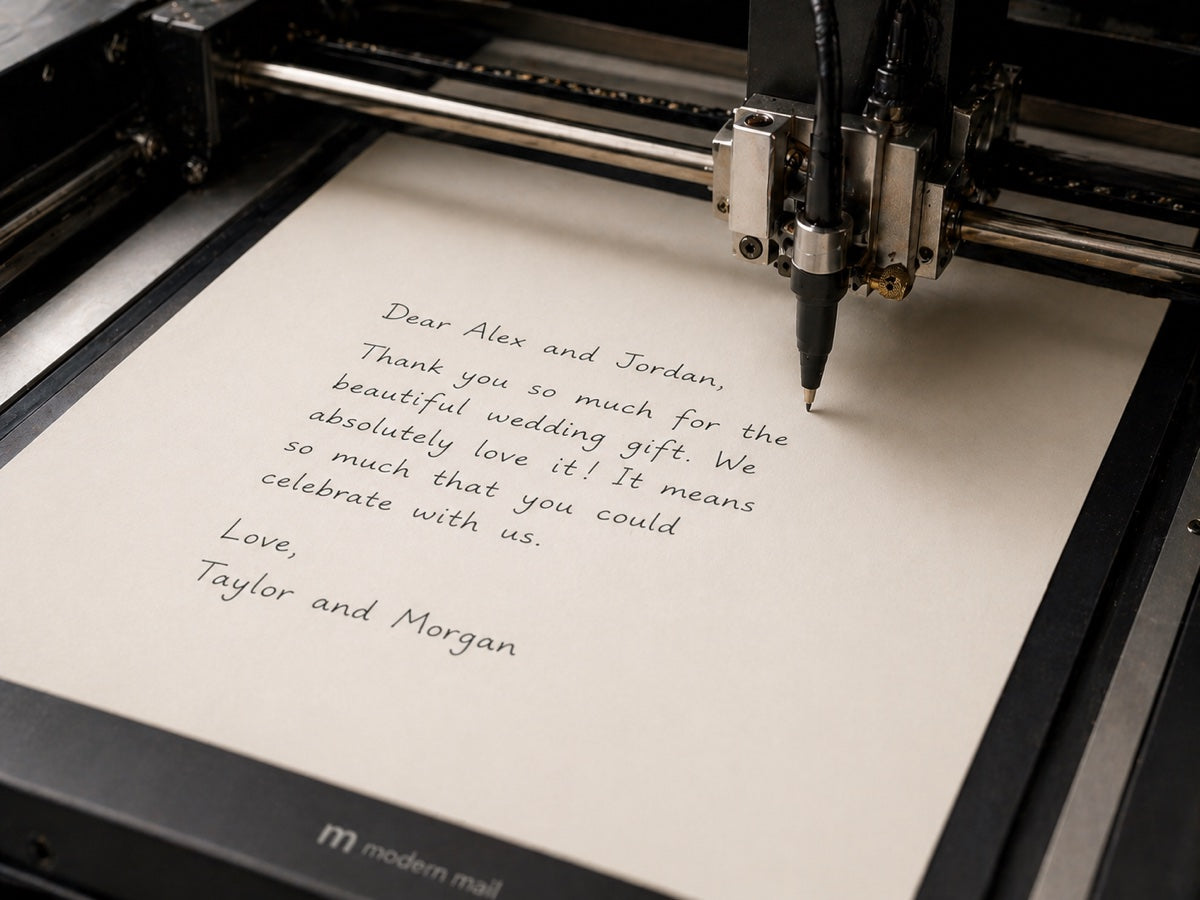 A robotic plotter writing the letter in real ink on cream stationery